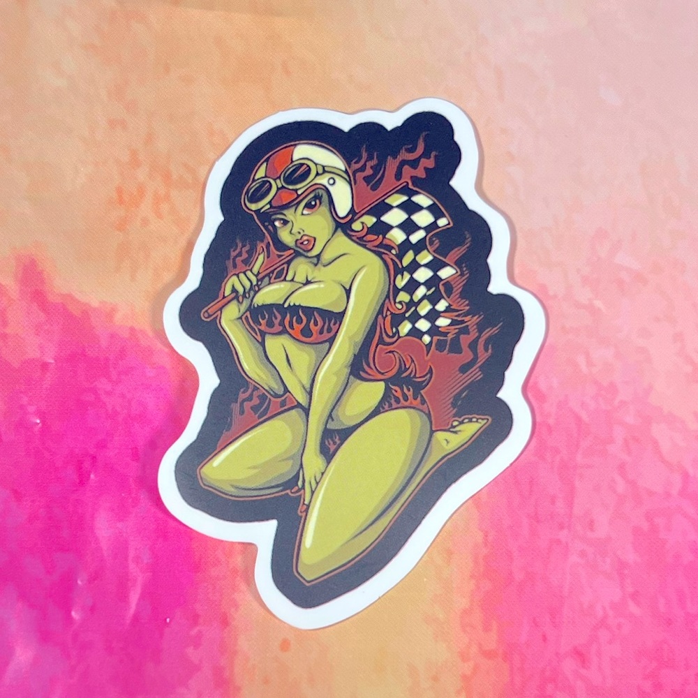 GOUL Sexy Pinup Gorgeous Sticker Retro Vintage BomberGirl Ace Fire Hot Flame